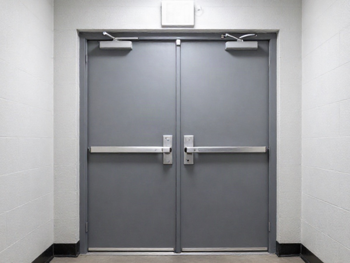 Push-bar exit devices on a pair of steel commercial doors